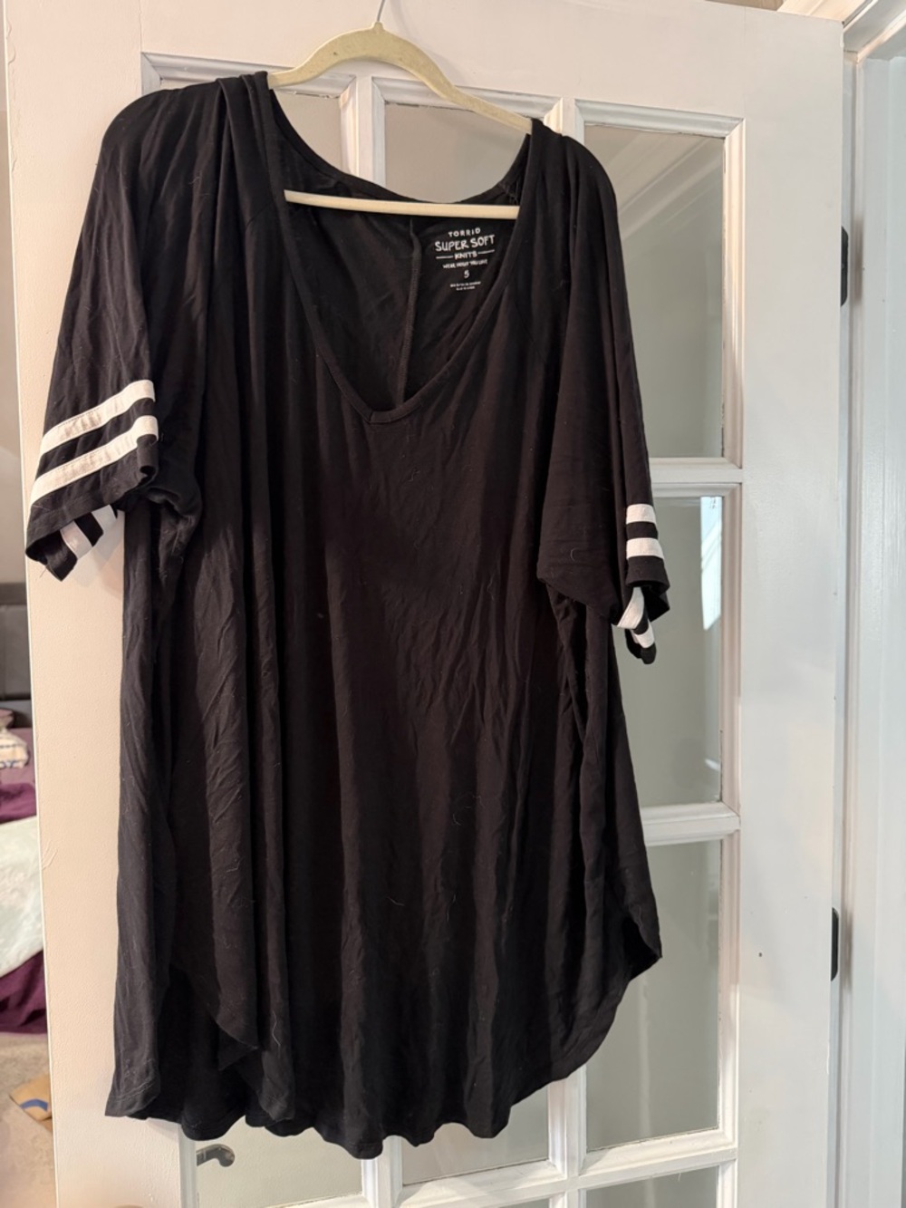 torrid Black V-Neck Tunic with White Sleeve Stripes